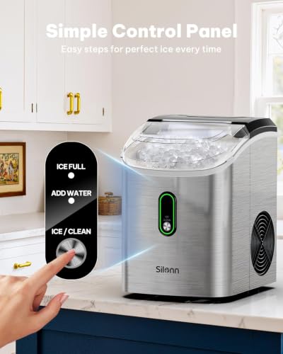 Silonn Nugget Ice Maker Countertop, Pellet Ice Machine with Self-Cleaning Function, Sonic Ice Maker Produces 36lbs of Chewable Ice in 24 Hours, Ideal for Home Kitchen and Office (Stainless Steel)
