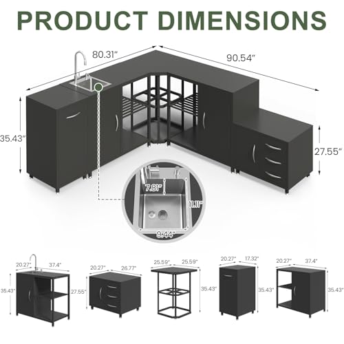 EROMMY 5-Piece Modular Outdoor Kitchen Island with Sink, Large Storage Cabinet & Shelf, Pull-Out Trash Drawer and Grill Stand, Outdoor Storage Kitchen Set for BBQ, Deck, Backyard, Black