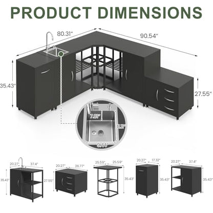 EROMMY 5-Piece Modular Outdoor Kitchen Island with Sink, Large Storage Cabinet & Shelf, Pull-Out Trash Drawer and Grill Stand, Outdoor Storage Kitchen Set for BBQ, Deck, Backyard, Black