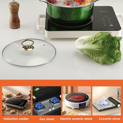 5 Piece Stainless Steel Cookware Set - Tempered Glass Lids, Ergonomic Handles & Thickened Base - Compatible with Gas, Electric, Halogen, Ceramic & Induction Hobs (Gold Handle)