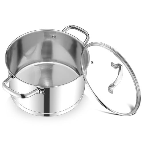 TeamFar 6QT Stainless Steel Stock Pot, Tri-ply Base Cooking Pasta Sauce Soup Pot with Glass Lid for Induction/Gas/Ceramic Stoves, Transparent Cover & Double Handles, Heavy Duty & Dishwasher Safe