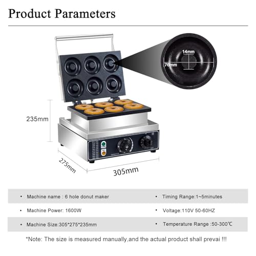 AEYDJXMER 110V Us Plug Commercial Waffle Donut Machine 6 Holes Double-Sided Heating 50-300℃，Donut Machine,Mini Donut Machine, Electric Doughnut Maker 1550W,Essential Snacks For Party Stalls, YD-6A
