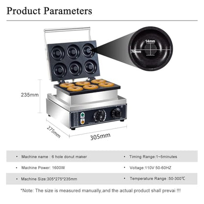AEYDJXMER 110V Us Plug Commercial Waffle Donut Machine 6 Holes Double-Sided Heating 50-300℃，Donut Machine,Mini Donut Machine, Electric Doughnut Maker 1550W,Essential Snacks For Party Stalls, YD-6A