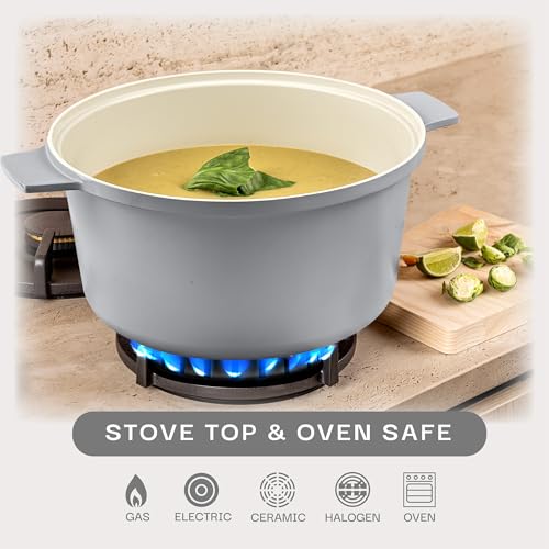 Gotham Steel 5 Qt Dutch Oven Pot with Lid, Nonstick Ceramic Dutch Oven Stock Pot, 10 in 1 Cooking Pot & Dutch Oven for Bread Baking, Lightweight, Oven & Dishwasher Safe – Gray
