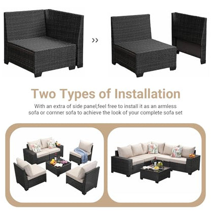 Jing's Villa 6-Piece Patio Furniture Set, All-Weather Outdoor Wicker Sectional Sofa with Cushions, Glass Table & Left and Right Armrest, Rattan Conversation Seating for Porch, Garden, Backyard,Beige