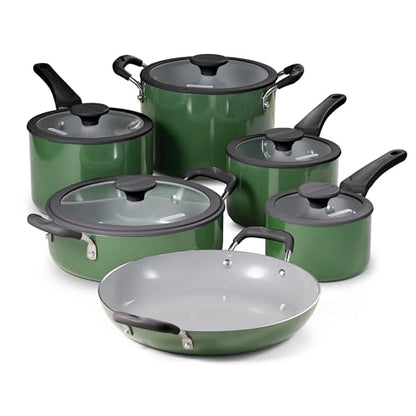 Tramontina Ceramic Non Stick 11-Piece Nesting Pots and Pans Set with Lids - Stackable Nonstick Cookware Set, Dishwasher and Oven Safe, Green
