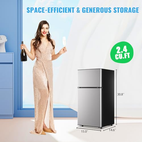 DEMULLER Mini Fridge with Freezer, 45L Personal Refrigerator Only for One Person Use, Silver Tiny Small Size Refrigerator with 7 Level Adjustable Temperature and Double Door