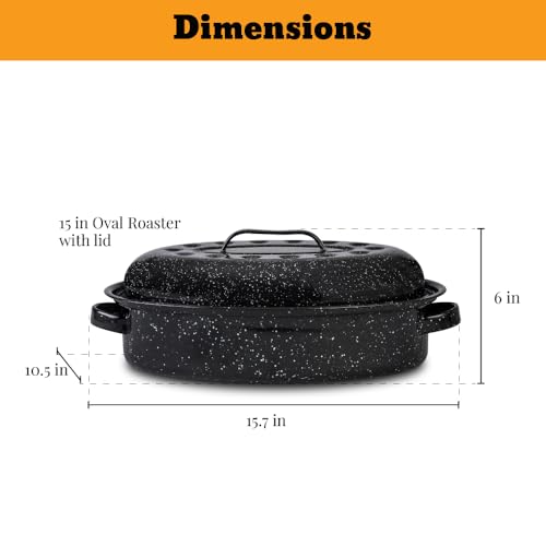 Granite Ware Roasting Set Covered 13 in and 15 in Oval roaster and 3 lb round roaster. Enameled Steel design to accomodate up to 7 lb and 10 lb poultry/roast. Resists up to 932°F.