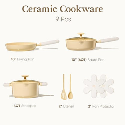 CAROTE Pots and Pans Set Nonstick, Ceramic Cookware Set, Yellow Cooking Set Kitchen Induction Set with Steamer, PFAS PTFE Free,9 Piece