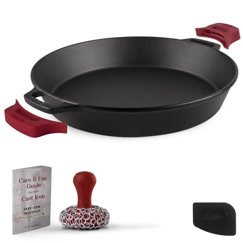 Cuisinel Cast Iron Skillet + Chainmail Scrubber - 15"-Inch Pre-Seasoned Dual Handle Braiser Frying Pan + Silicone Handle Covers - Oven, Grill, Stovetop, Fire, Kitchen Cookware - Indoor/Outdoor Use