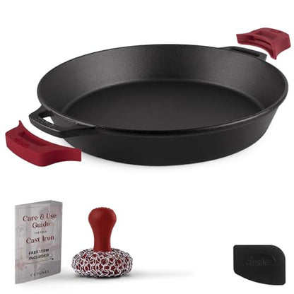 Cuisinel Cast Iron Skillet + Chainmail Scrubber - 15"-Inch Pre-Seasoned Dual Handle Braiser Frying Pan + Silicone Handle Covers - Oven, Grill, Stovetop, Fire, Kitchen Cookware - Indoor/Outdoor Use