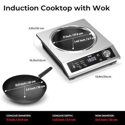 TERUISI Commercial Induction Cooktop, 1800W Electric Wok Cooker with Concave Surface, 4H Timer, 6 Preset, 8 Temp Levels, Portable Induction Burner for Kitchen Cooking, 12.6" Carbon Steel Wok Included