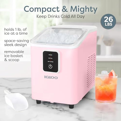 Igloo Portable Ice Maker with Scoop & Basket - Ice Maker with LED Control Panel & 1 Quart Water Tank- Ice Cube Maker Produces 26 Lbs Of Ice In 24 Hours with 8 Large or Small Cubes In 7-8 Minutes- Pink