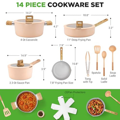 NutriChef 14-Piece Non-Stick Ceramic Cookware Set - Induction Safe Pots and Pans with Glass Lids, Cool-Touch Handles, Even Heat Distribution, Dishwasher Safe, Includes Ladle, Tong, Spatula (Pink)
