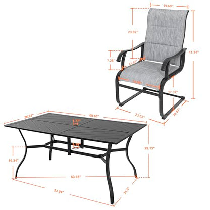 NUU GARDEN 7 Piece Outdoor Dining Set, 6 All Weather Padded Textilene Patio Chairs and 61" Rectangular Dining Table with 1.77" Umbrella Hole, for Garden, Patio, Light Grey and Black