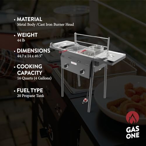 GasOne B-5850A Outdoor Propane Deep Fryer - Double Burners, 16 Qt Removable Baskets & Lids, Oil Fryer Cart with Thermometer & Regulator - Perfect for Outdoor Cooking