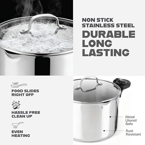 GOTHAM STEEL 8 Qt Nonstick Pasta Pot with Strainer Lid, Stainless Steel Stock Pot, Twist & Lock Handles, 2 Strainer Sizes, PFOA Free, for Soup & Spaghetti, Induction Ready, Oven & Dishwasher Safe
