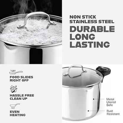 GOTHAM STEEL 8 Qt Nonstick Pasta Pot with Strainer Lid, Stainless Steel Stock Pot, Twist & Lock Handles, 2 Strainer Sizes, PFOA Free, for Soup & Spaghetti, Induction Ready, Oven & Dishwasher Safe