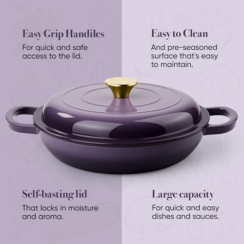 Vintage Style 3 Quart Enameled Cast Iron Braiser, Non Stick Enameled Cast Iron Skillet with Lid, Dutch Oven Skillet with lid up to 500°F for Oven, Stove, Grill, Shallow Dutch Oven for Cook, Bake (Purple)