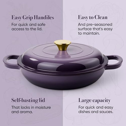 Vintage Style 3 Quart Enameled Cast Iron Braiser, Non Stick Enameled Cast Iron Skillet with Lid, Dutch Oven Skillet with lid up to 500°F for Oven, Stove, Grill, Shallow Dutch Oven for Cook, Bake (Purple)
