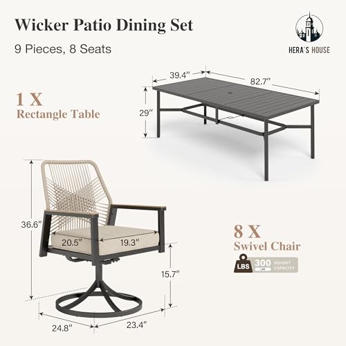 HERA'S HOUSE 9 Pieces Outdoor Dining Set, Patio Table and Chairs for 8, 8 x Cushioned Swivel Chairs and 1 x 83 Large Rectangle Dining Table, Outdoor Dining Table Set for Lawn Garden Porch