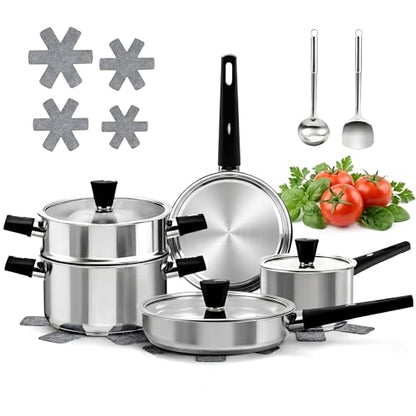 Meythway 14-Piece Stainless Steel Cookware Set for Induction Stovetops – Non-Toxic Pots & Pans with Stay-Cool Handles, Glass Lids, Steamer, Pot Mats & Utensils – Dishwasher Safe Kitchen Cookware