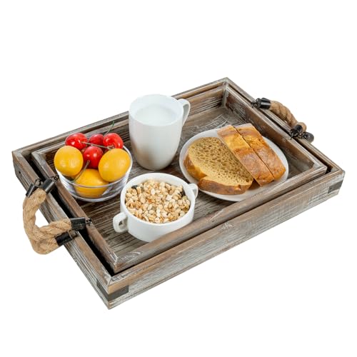 MyGift 2 Piece Set Rustic Torched Wood and Black Metal Decorative Nesting Serving Trays with Rope Handles for Breakfast in Bed, Coffee Table, Ottoman Decor