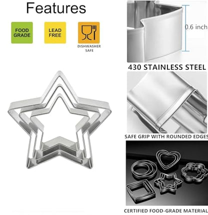 18 Pieces Metal Cookie Cutters, Stainless Steel Molds Flower Square Heart Round Star Shapes for Home Holiday Mother's Day