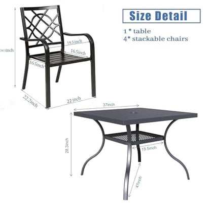 Crownland 5 Piece Patio Dining Set, 4 Stackable Metal Chairs and Square Outdoor Dining Table with 9FT Dark Blue Round Outdoor Umbrella (Metal Tabletop)