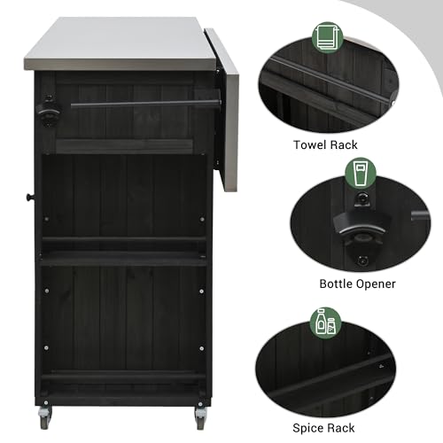 LUMISOL Outdoor Grill Cart with Stainless Steel Top, Farmhouse Kitchen Island with Storage, Fir Wood Rolling Bar Table with Spice & Towel Rack, and a Bottle Opener, Black