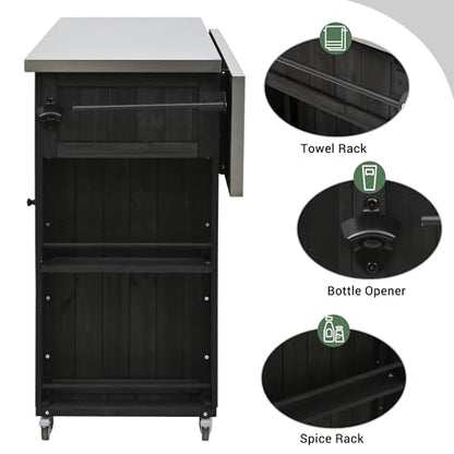 LUMISOL Outdoor Grill Cart with Stainless Steel Top, Farmhouse Kitchen Island with Storage, Fir Wood Rolling Bar Table with Spice & Towel Rack, and a Bottle Opener, Black