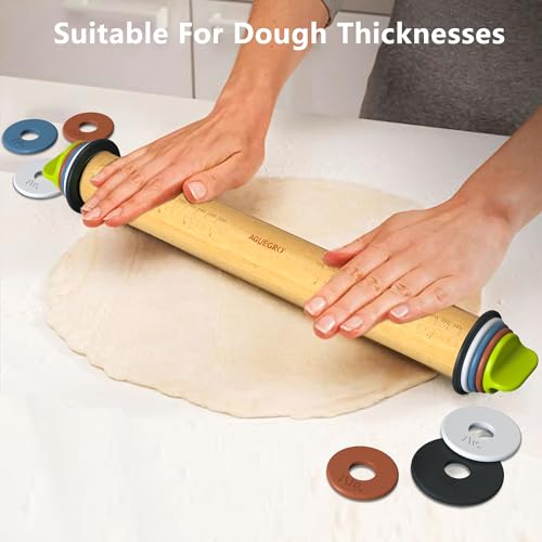 Aguegro Rolling Pin with Adjustable Thickness Ring, Dough Thickness for Baking, Fondant, Pizza, Crust, Cookies, Pastry, 13.6'' Wooden Rolling Pin with 4 Multi-Color Thickness Rings