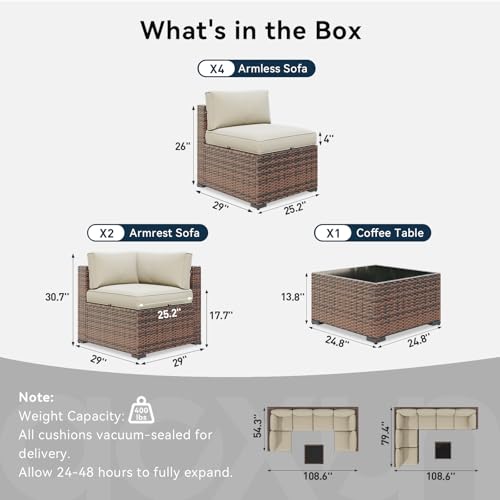 LazySunsets 7 Piece Outdoor Patio Furniture Set with Coffee Table, Outdoor Patio Furniture Sets with Waterproof Cover, Wicker Rattan Outdoor Conversation Set for Backyard & Garden, Beige