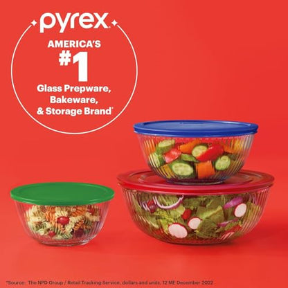 Pyrex Sculpted (3-Pack) Glass Mixing Bowls Set With Plastic Lids For Prepping, Baking and Cooking, Preheated Oven, Dishwasher, Freezer, and Microwave Safe