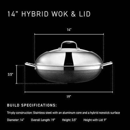 HexClad Hybrid Nonstick 14-Inch Wok with Stainless Steel Lid, Stay-Cool Handles, Dishwasher-Friendly, Oven-Safe Up to 900°F, Induction Ready, Compatible with All Cooktops