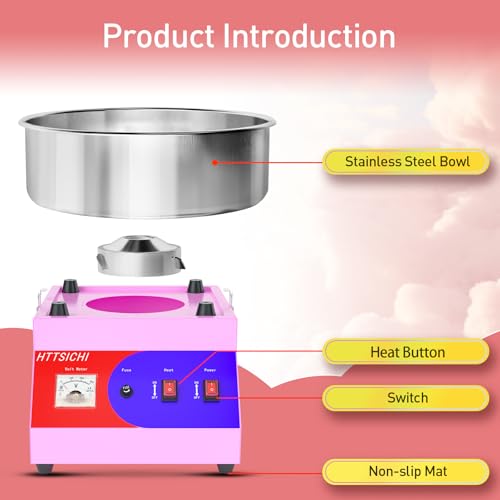 HTTSICHI Cotton Candy Machine - Cotton Candy Machine Commercial w/ 15 inch Stainless Steel Bowl, Sugar Scoop, Cotton Candy Maker for Home, Party, 1000W Hard Candy Cotton Candy Maker for Birthday