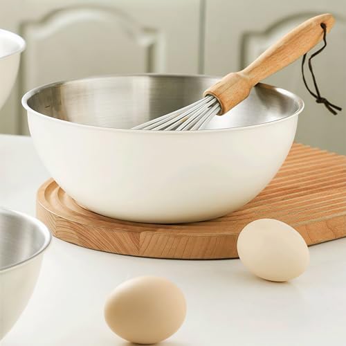Eugelrom 4-Piece 304 Stainless Steel Mixing Bowls Set with Colander & Strainer – Off-White Coated Nesting Bowls, Food Grade Metal Bowl Set for Meal Prep, Kitchen Essentials (Lids Not Included)