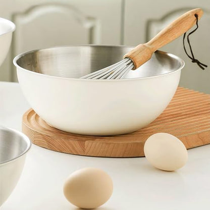 Eugelrom 4-Piece 304 Stainless Steel Mixing Bowls Set with Colander & Strainer – Off-White Coated Nesting Bowls, Food Grade Metal Bowl Set for Meal Prep, Kitchen Essentials (Lids Not Included)