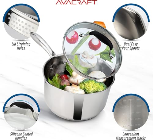 AVACRAFT Stainless Steel Saucepan with Glass Strainer Lid, Two Side Spouts for Easy Pour with Ergonomic Handle, Multipurpose Sauce Pot (5-Ply Capsule Bottom, 3.5 Quart)