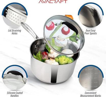 AVACRAFT Stainless Steel Saucepan with Glass Strainer Lid, Two Side Spouts for Easy Pour with Ergonomic Handle, Multipurpose Sauce Pot (5-Ply Capsule Bottom, 3.5 Quart)