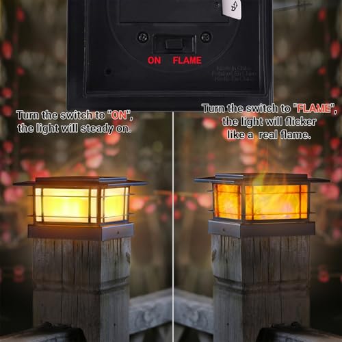 Dynaming 4x4 Solar Post Cap Lights Outdoor with Flickering Flame Light, Black Shell Fence Post Solar Lights Fit Vinyl/Wooden Posts, Brightness LED Lighting Decor for Garden Deck Patio, 12 Pack