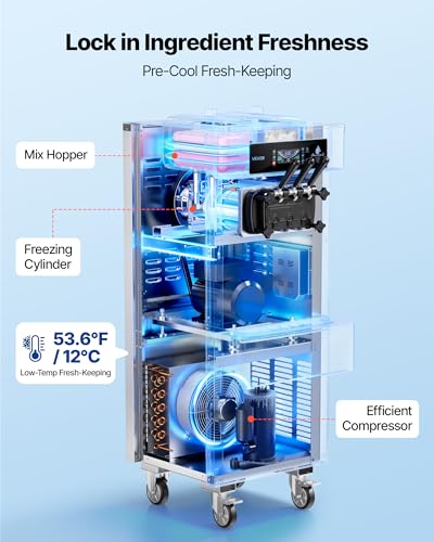 VEVOR Commercial Ice Cream Machine, 20-28L/H Yield 2200W Freestanding Soft Serve Ice Cream Maker with 3-Flavor, 2 x 6L Hoppers, Puffing Pump, Pre-Cooling Low-Mix Alert, Ideal for Snack Dessert Shop