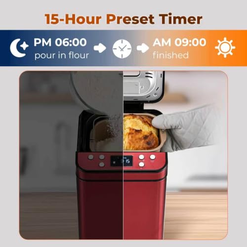 Rosewill 25-in-1 Automatic Bread Maker Machine with 3 Loaf Size up to 2LB, 700W High Power Dual Heater Bread Maker with BPA-free Nonstick Coating Pan, Max 15 Hours Delay Timer, Low Noise - Red Velvet