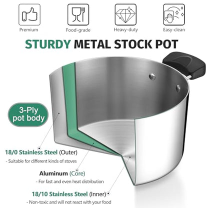 6 Quart 3-Ply Cooking Stock Pot with Lid, P&P CHEF Stainless Steel Large Pot for Pasta Soup, Work on Multi Stove, Heavy Duty & Dishwasher Safe, Dual Heat-resistant Handles & Transparent Glass Lid