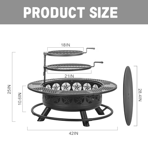 Verdeluxe 42 Inch BBQ Fire Pit with 2 Grills,3-in-1 Outdoor Round Metal Fire Pit Table with Lid,Fire Poker,Large Outdoor Wood Burning Firepits for Outside,Picnic,Bonfire Backyard Patio(Black)