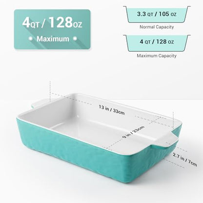 Krokori 4 QT Baking Dish, Casserole Dishes for Oven, 9x13 Baking Pan with Handles, Lasagna Pan Deep, Ceramic Casserole Dish Oven Safe for Baking, Lasagna, Kitchen, Wedding Gift (Aquamarine)