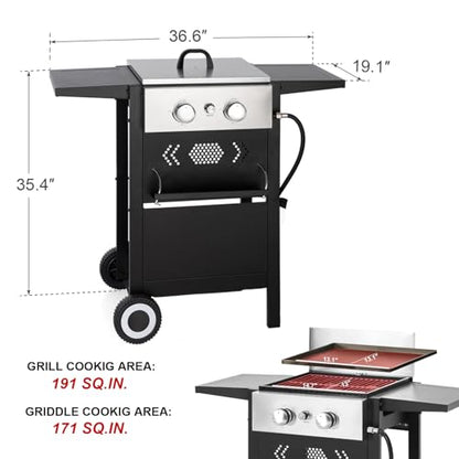 GREEN PARTY 2 Burner Griddle Grill Combo, 2 in 1 Propane Gas BBQ Grill w/Cast Iron Plate, 20,000 BTU Output Small Flat Top Propane Barbecue Grill for Camping, Patio, Backyard, Balcony