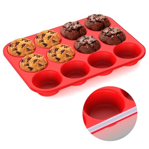 Silicone Muffin Pan for Baking: 12 Cup Muffin Pan with Metal Reinforced Frame, Regular Size Cupcake Egg Bites Molds for Baking, BPA Free Silicone Muffin Tray, Dishwasher Safe (1 Pack, Red)
