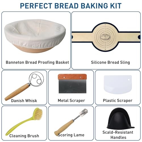 Cast Iron Bread Oven for Baking, 6QT Multi-Functional Dutch Oven Pot with Lid, Include Proofing Basket, Silicone Sling & Dough Whisk, Round Bread Pot for Sourdough Bread Baking, Cooking, Frying