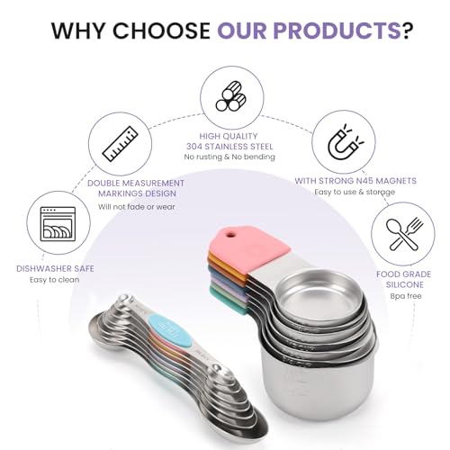 Magnetic Measuring Cups and Spoons Set-Heavy Duty 304 Stainless Steel，Double Measurement Markings，Set of 16 with Leveler for Measure Dry and Liquid Ingredients